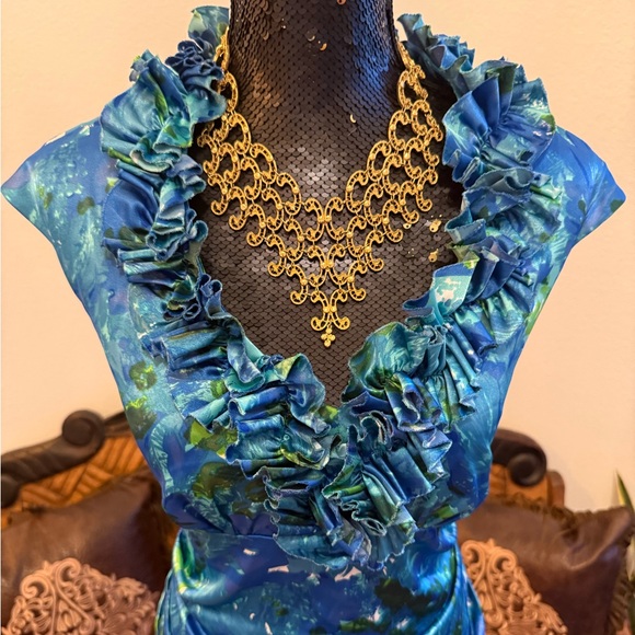 London Times Vintage Satin Ruched Blue Floral Ruffle Neckline Dress Size 10 - Picture 2 of 7